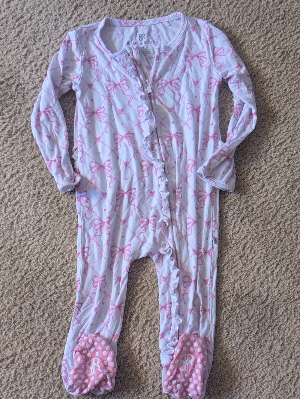 Pink Bow Print Footed One-Piece Pajamas with Front Ruffle Closure